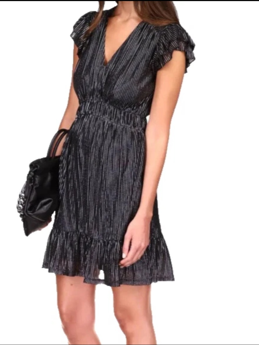 Michael Kors Black & Silver Pinstripe Short Ruffle Dress Size Medium V-neck